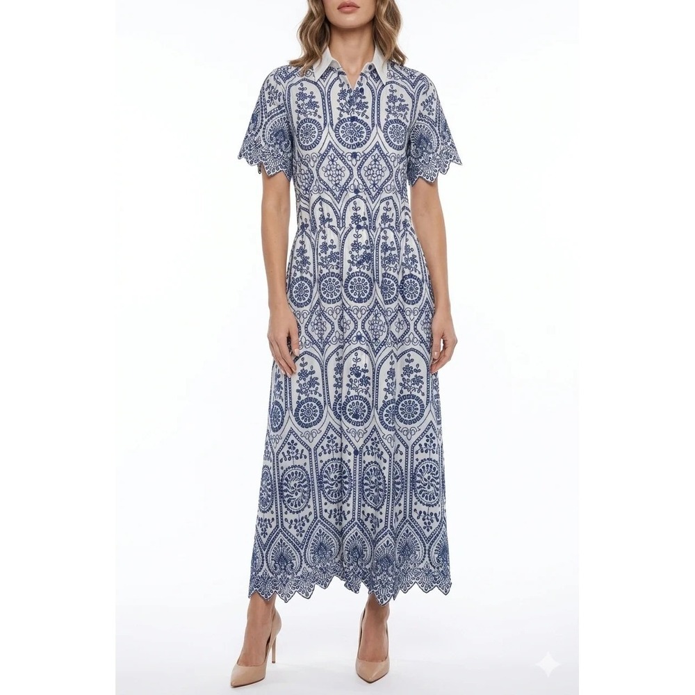 Elie Tahari Embroidered Eyelet Maxi Shirt Dress XS Blue White Cotton NWT $425